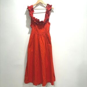 NEW Free People Ruffle Neck Midi Dress Tie Back Smocked Waist Cotton Red/OrangeS